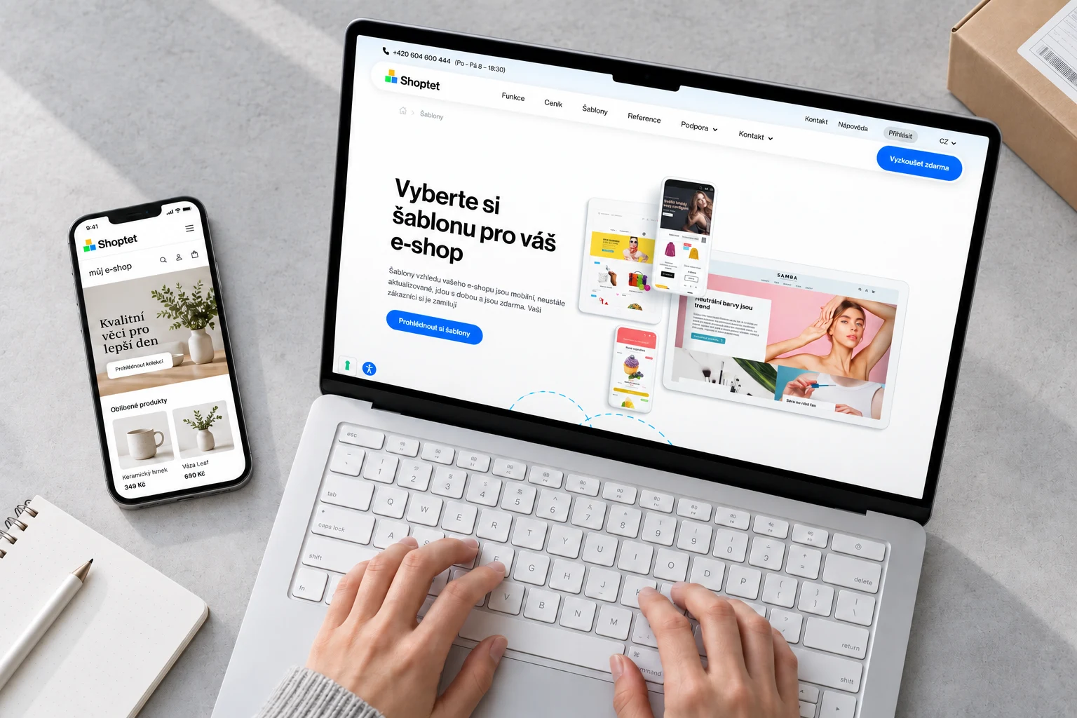 Notebook a telefon s ukázkou rozhraní Shoptetu